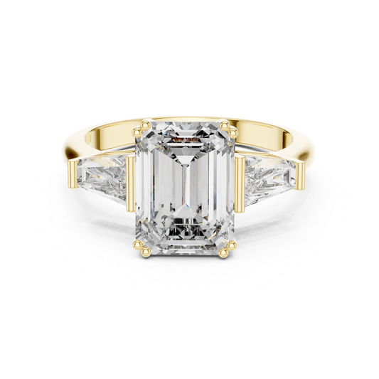 Emerald cut diamond ring with baguette side stones
Yellow gold emerald cut baguette diamond ring
Front view emerald cut diamond ring
Emerald cut center diamond with baguette accents
Yellow gold ring with emerald cut diamond
Emerald cut diamond ring with four prong setting
Three stone emerald cut baguette diamond ring
Emerald cut diamond ring in yellow gold
Emerald cut diamond ring with tapered baguette sides
Classic emerald cut diamond ring design