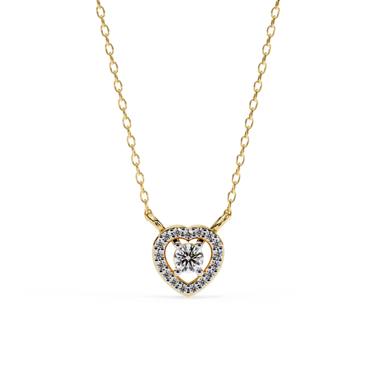 Yellow gold heart pendant with a floating round center diamond
Open heart necklace featuring a pavé diamond halo design
Elegant heart pendant showcasing a brilliant solitaire within a diamond frame
Fine gold necklace with a sparkling open heart diamond motif
Delicate heart shaped pendant accented by a luminous pavé border
Brilliant round diamond pendant suspended inside an open heart setting
Romantic gold pendant with a halo heart and floating center stone
Contemporary heart necklace featuring polished gold