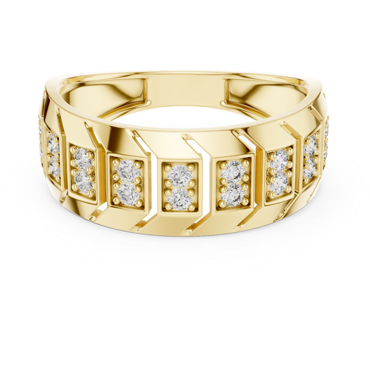 Round diamond yellow gold geometric band ring
Wide yellow gold ring with round diamond accents
Modern yellow gold band featuring round diamonds
Geometric pattern yellow gold diamond wedding band
Round diamond inset yellow gold statement ring
Yellow gold diamond band with angular design details
Contemporary round diamond yellow gold ring band
Diamond accented yellow gold wide band ring
Textured yellow gold band with round diamond rows
Polished yellow gold ring with round diamond settings