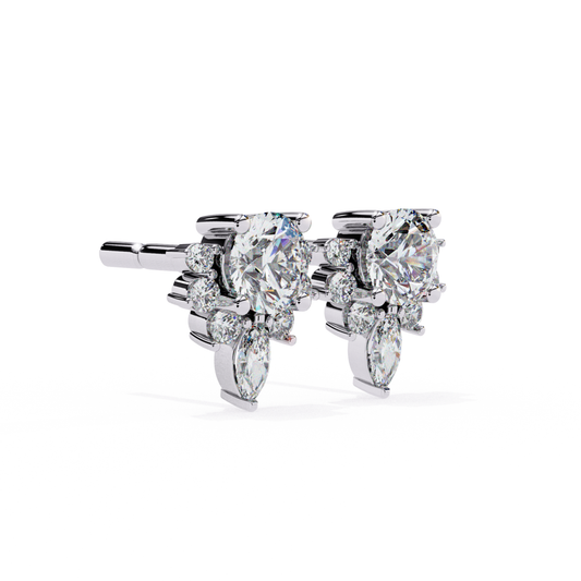 Shimmering white-gold stud earrings with a beautiful diamond cluster, arranged in a floral-inspired design.