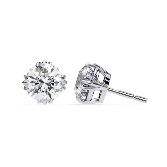 A side view of elegant white gold stud earrings featuring round-cut diamonds in a secure four-prong setting, highlighting their sparkling brilliance and sophisticated design.