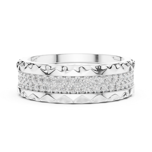 White gold textured eternity ring with double diamond rows
Round diamond band in polished white gold
White gold ring with layered pave diamond setting
Modern white gold eternity band with round diamond
Double row diamond ring with carved white gold edge
Luxury white gold band with sparkling diamond rows
Wide white gold diamond ring with textured pattern
Elegant white gold eternity band with pave diamond
White gold anniversary ring with round cut diamond
White gold diamond band with detailed texture