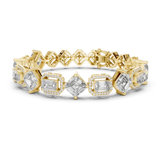 Yellow gold Asscher and emerald cut diamond tennis bracelet
Luxury diamond tennis bracelet in yellow gold
Mixed shape diamond bracelet with halo settings
Yellow gold bracelet featuring Asscher cut diamonds
Emerald cut diamond tennis bracelet for women
Elegant yellow gold diamond bracelet jewelry
Designer mixed cut diamond bracelet in gold
Fine diamond tennis bracelet with geometric design
Statement yellow gold bracelet with certified diamonds
Modern diamond tennis bracelet in yellow gold setting