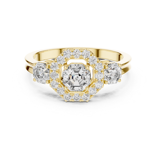Yellow gold Asscher halo three stone diamond ring
Yellow gold halo ring with Asscher cut diamond
Three stone Asscher diamond ring in yellow gold
Yellow gold ring with halo center diamond
Asscher cut diamond ring with yellow gold band
Yellow gold diamond ring with halo setting
Three stone yellow gold engagement ring design
Yellow gold Asscher diamond ring with side stones
Halo diamond ring with polished yellow gold band
Yellow gold ring with Asscher center diamond