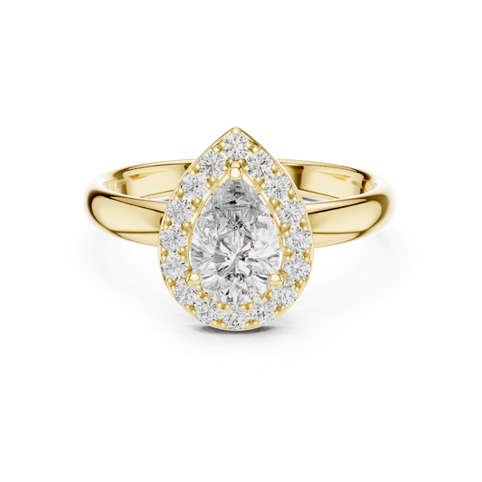 Pear cut diamond halo ring in yellow gold
Yellow gold ring with pear shaped center diamond
Pear diamond ring surrounded by round diamonds
Yellow gold pear halo engagement ring
Pear shaped diamond ring with halo setting
Polished yellow gold pear diamond ring
Pear center diamond ring with round halo
Yellow gold ring featuring a pear cut diamond
Classic pear halo ring with diamond accents
Elegant yellow gold ring with pear halo design