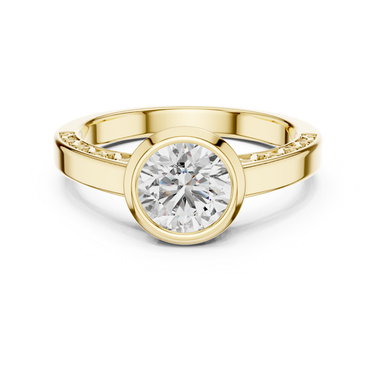 Yellow gold round diamond bezel solitaire ring design
Yellow gold round diamond bezel ring front view
Round diamond bezel solitaire ring in yellow gold
Polished yellow gold bezel diamond ring design
Round brilliant bezel set diamond gold ring
Yellow gold round bezel solitaire diamond ring
Front view round diamond bezel setting ring
Yellow gold bezel set round diamond ring style
Minimal round diamond bezel gold ring design
Yellow gold round bezel diamond ring front profile