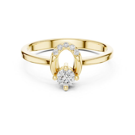 Yellow gold round diamond ring with open halo detail
Minimal yellow gold ring with round solitaire diamond
Round cut diamond ring with curved accent setting
Elegant yellow gold diamond ring front view
Open oval halo ring with round center diamond
Classic yellow gold ring with prong set diamond
Delicate round diamond ring with polished gold band
Modern yellow gold solitaire ring with accent stones
Fine gold ring with round diamond and curved top
Minimalist yellow gold engagement style diamond ring