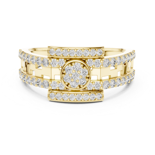 Yellow gold openwork round diamond ring front view
Round diamond yellow gold designer band ring
Yellow gold layered diamond accent ring
Modern yellow gold open gallery diamond ring
Wide yellow gold ring with round diamonds
Yellow gold circular diamond centerpiece ring
Contemporary yellow gold diamond fashion ring
Yellow gold structured band with diamond details
Luxury yellow gold round diamond band ring
Yellow gold decorative diamond statement ring