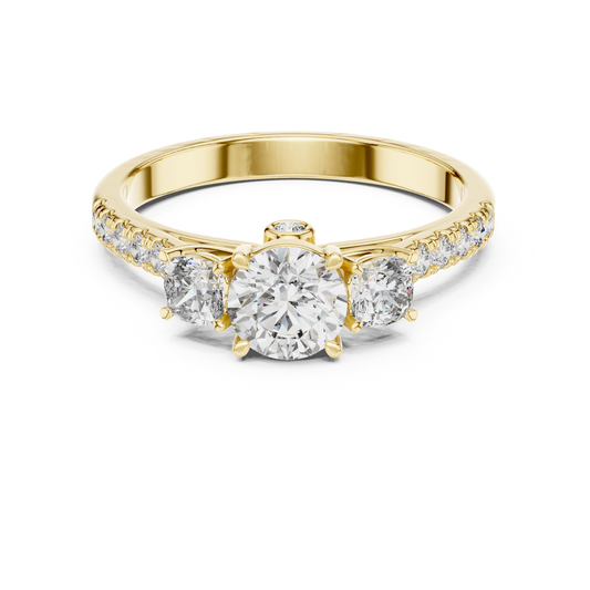 Yellow gold round three stone diamond ring front view
Yellow gold ring with round center diamond
Three stone diamond ring in yellow gold
Round brilliant diamond ring with side stones
Yellow gold diamond ring with pavé band
Classic round three stone diamond ring
Yellow gold engagement ring with round diamonds
Polished yellow gold three stone ring
Round diamond ring with slim yellow gold band
Front view yellow gold diamond ring