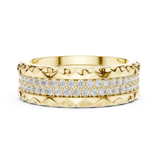 Yellow gold textured eternity ring with double diamond rows
Round diamond band in polished yellow gold
Yellow gold ring with layered pave diamond setting
Modern yellow gold eternity band with round diamond
Double row diamond ring with carved yellow gold
Luxury yellow gold band with sparkling diamond rows
Wide yellow gold diamond ring with textured pattern
Elegant yellow gold eternity band with pave diamond
Yellow gold anniversary ring with round cut diamond
Yellow gold diamond band with detailed texture