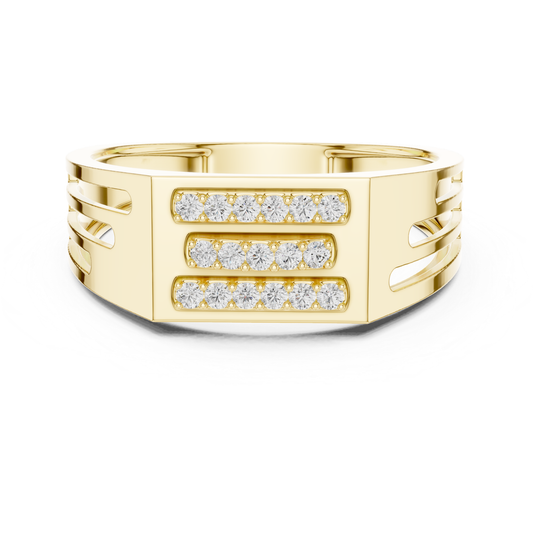 Yellow gold triple row diamond bar ring front view
Modern yellow gold ring with three diamond rows
Wide yellow gold band featuring round diamonds
Geometric yellow gold diamond statement ring
Contemporary yellow gold bar design diamond ring
Round diamond triple line ring in yellow gold
Bold yellow gold diamond band with clean lines
Yellow gold rectangular top ring with diamonds
Luxury yellow gold wide band diamond ring
Polished yellow gold ring with three diamond channels