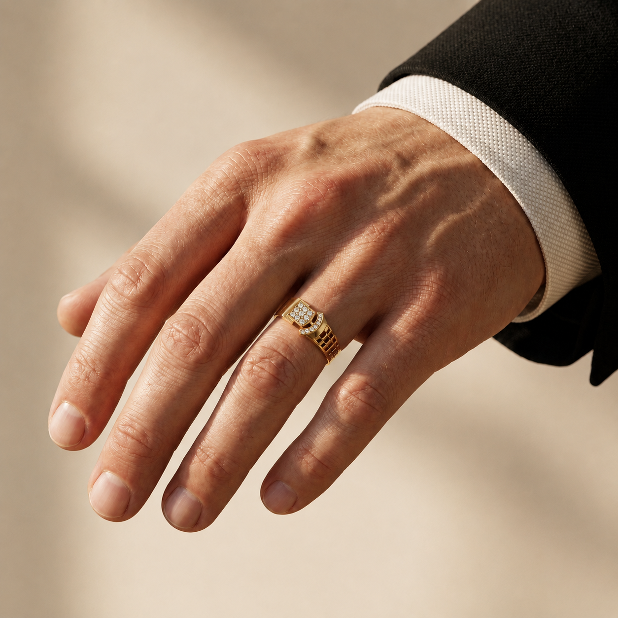Round Lab Grown Diamond Geometric Statement Ring in Yellow Gold