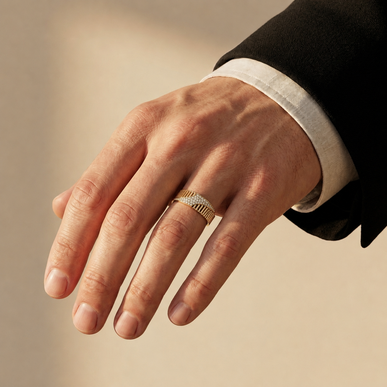 Round Lab Grown Diamond Architectural Pavé Statement Ring in Yellow Gold