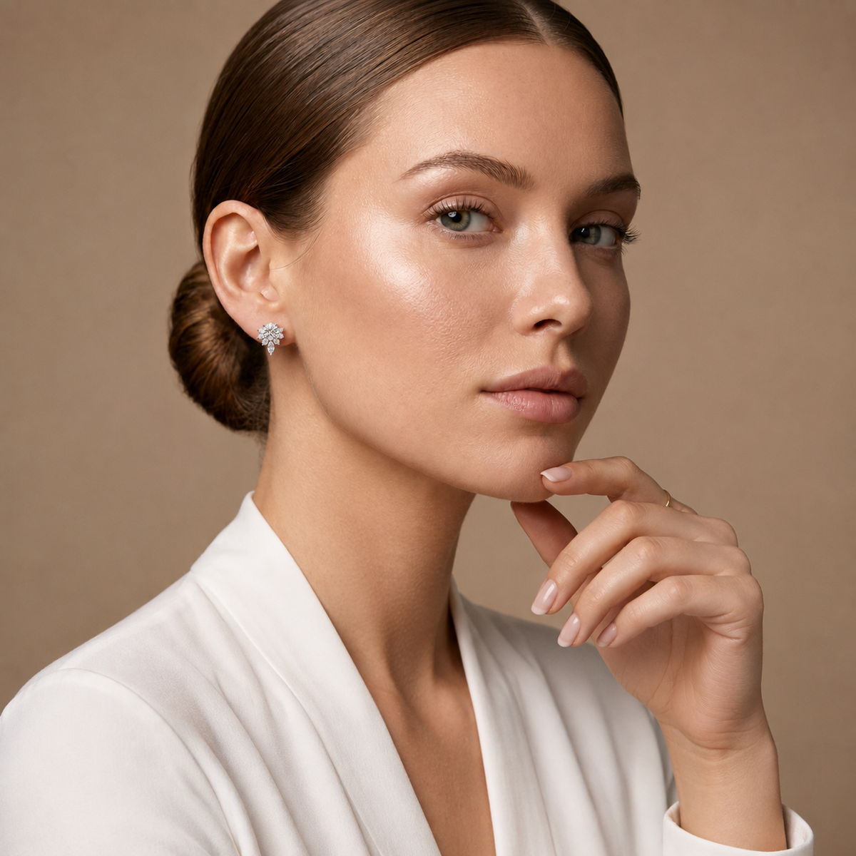 Round Diamond Stud Earrings with Marquise Drop Accent