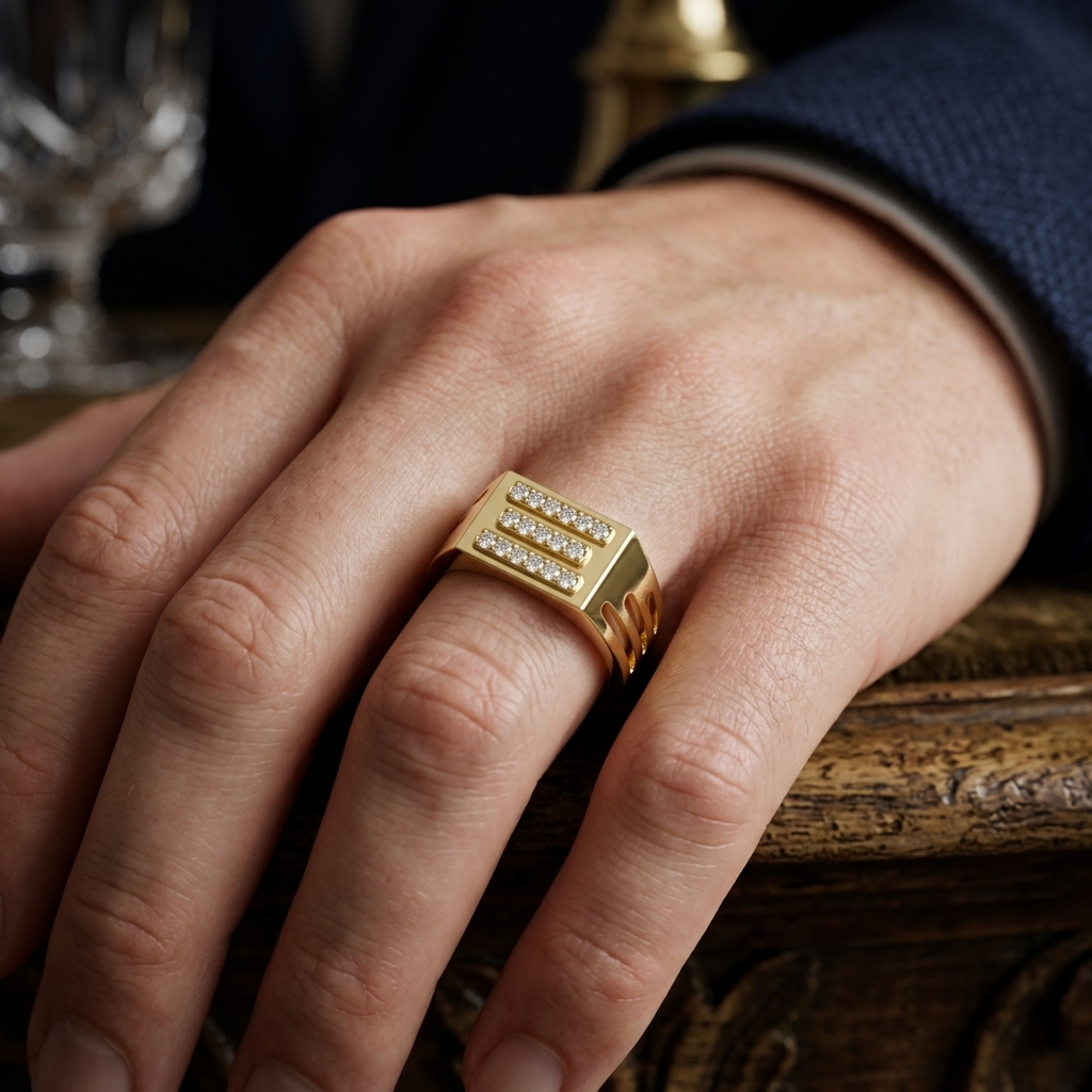 Modern Round Lab Grown Diamond Bar Signet Ring