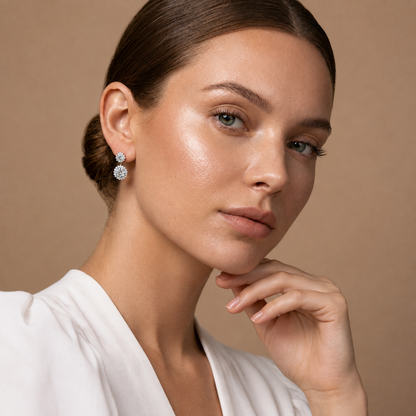 Round Lab Grown Diamond Double Halo Drop Earrings