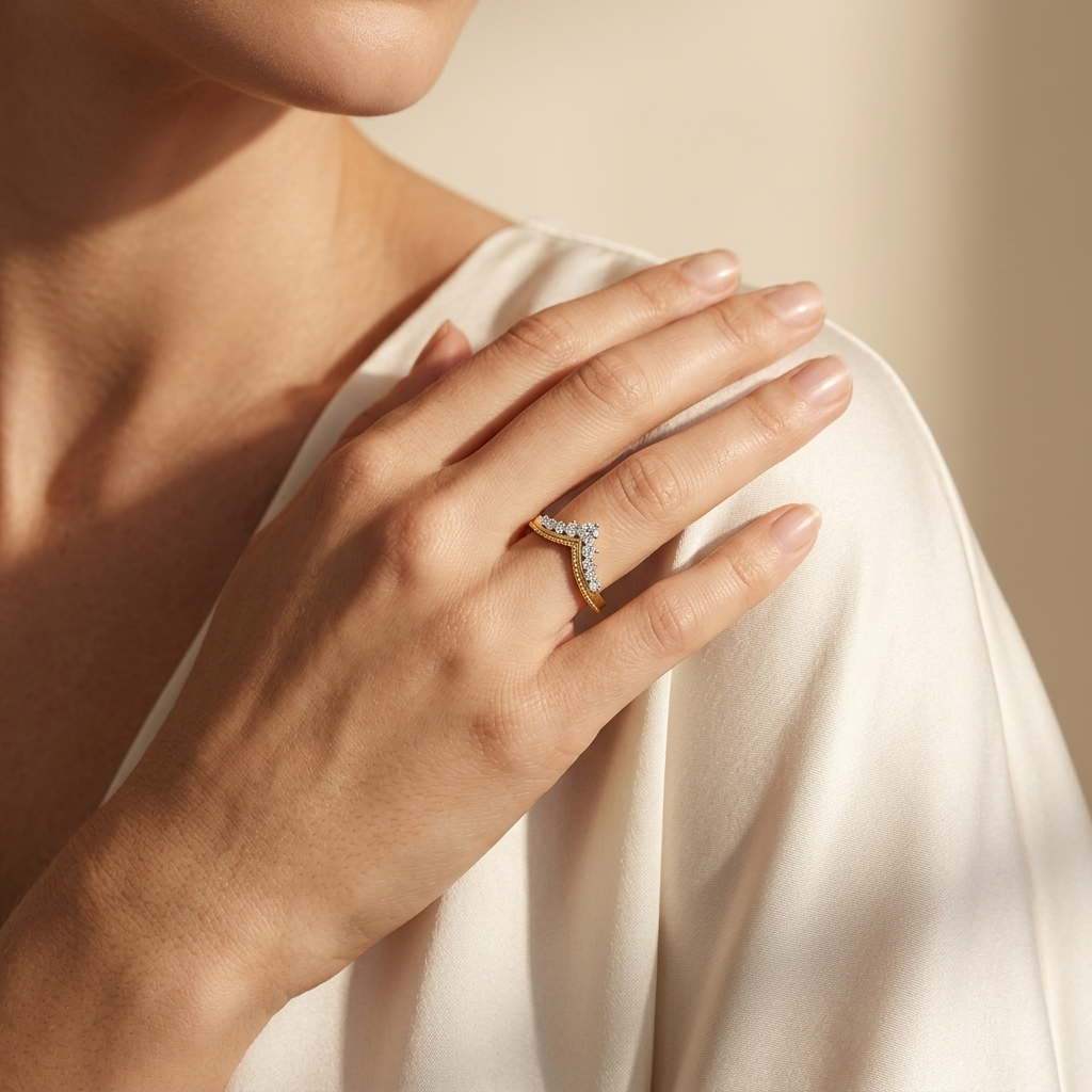 Round Diamond Curved Chevron Wedding Band