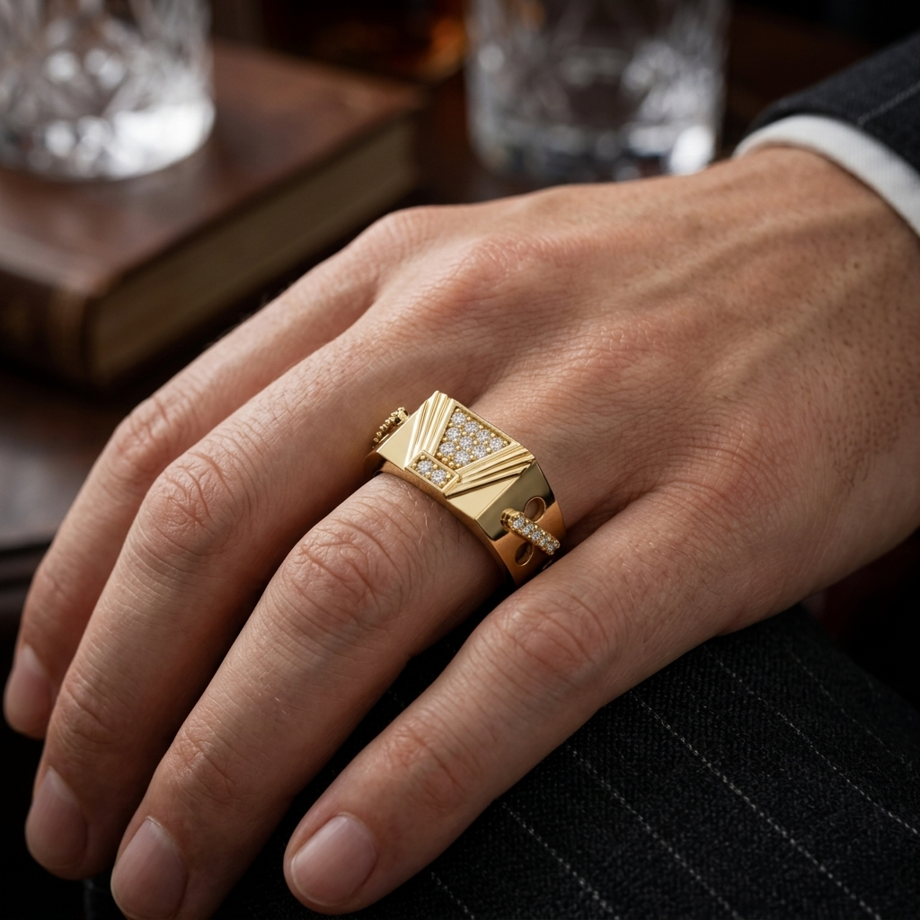 Round Lab Grown Diamond Geometric Signet Ring