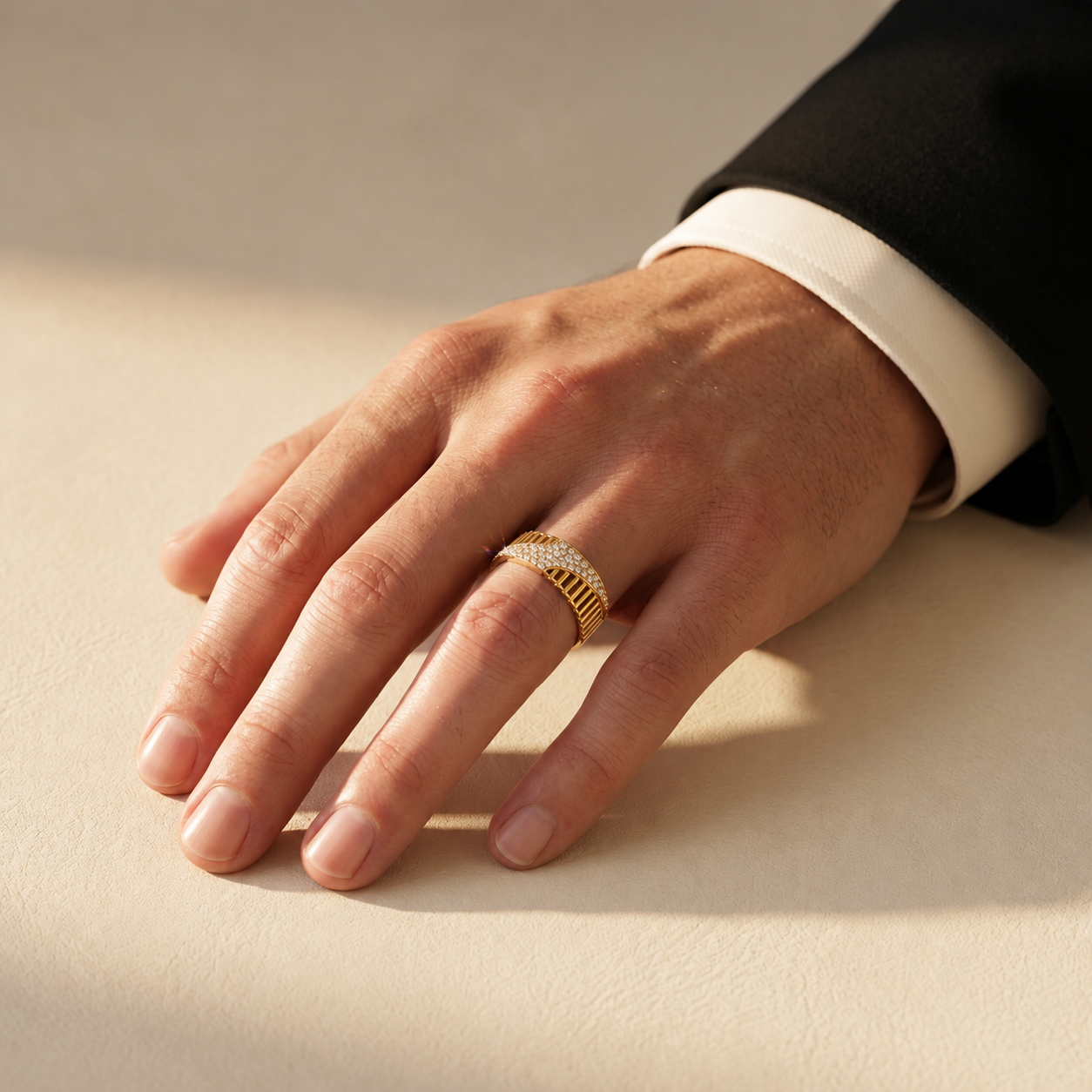 Round Lab Grown Diamond Architectural Pavé Statement Ring in Yellow Gold