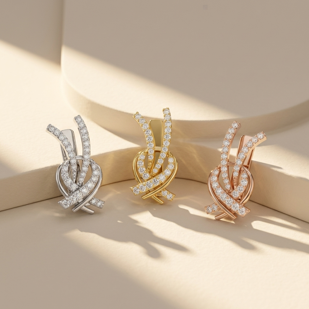 Abstract diamond ribbon earrings in white yellow and rose gold
Luxury ribbon earrings in three gold finishes
White yellow and rose gold diamond earrings
Premium abstract earring collection
Fine jewelry diamond earrings comparison
Elegant crossover diamond earrings display
Modern ribbon design earrings collection
Sparkling diamond earrings in three metal tones
Designer abstract gold earrings showcase
Contemporary luxury ribbon earrings