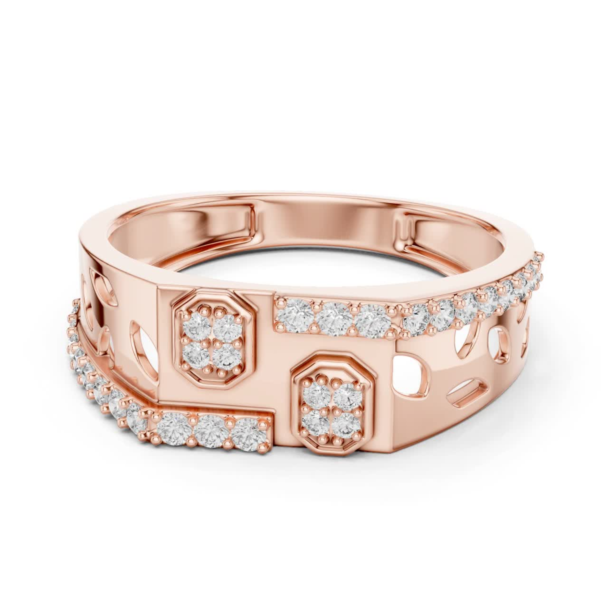 Angled octagon diamond rose gold ring
Side angle rose gold ring with octagon diamonds
Openwork rose gold band with diamond border
Geometric rose gold ring with octagon clusters
Diamond accented rose gold ring from angled view
Rose gold band featuring octagon diamond motifs
Architectural rose gold ring with diamond row
Structured rose gold band with open cutouts
Contemporary rose gold ring with octagon details
Wide rose gold band with diamond accents