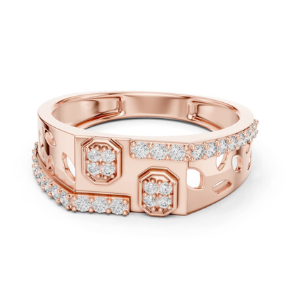 Angled octagon diamond rose gold ring
Side angle rose gold ring with octagon diamonds
Openwork rose gold band with diamond border
Geometric rose gold ring with octagon clusters
Diamond accented rose gold ring from angled view
Rose gold band featuring octagon diamond motifs
Architectural rose gold ring with diamond row
Structured rose gold band with open cutouts
Contemporary rose gold ring with octagon details
Wide rose gold band with diamond accents