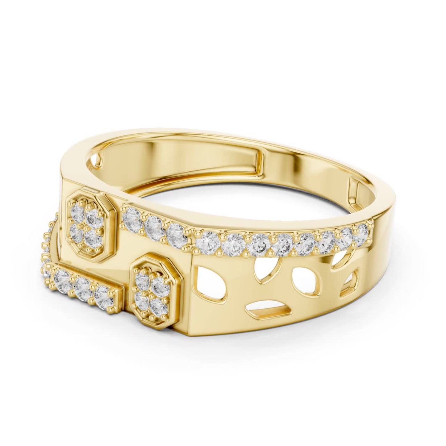Angled octagon diamond yellow gold ring
Side angle yellow gold ring with octagon diamonds
Openwork yellow gold band with diamond border
Geometric yellow gold ring with octagon clusters
Diamond accented yellow gold ring from angled view
Yellow gold band featuring octagon diamond motifs
Architectural yellow gold ring with diamond row
Structured yellow gold band with open cutouts
Contemporary yellow gold ring with octagon details
Wide yellow gold band with diamond accents