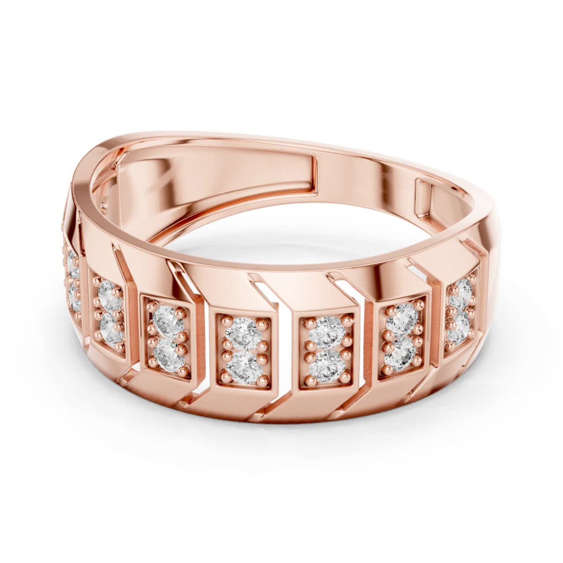 Angled view round diamond rose gold band ring
Wide rose gold ring with round diamond details
Geometric rose gold band featuring round diamonds
Round diamond rose gold wedding band design
Modern rose gold ring with diamond accents
Textured rose gold band with round diamond settings
Contemporary round diamond rose gold statement ring
Polished rose gold band with diamond rows
Round diamond inset rose gold wide band ring
Rose gold geometric ring with round diamond pairs