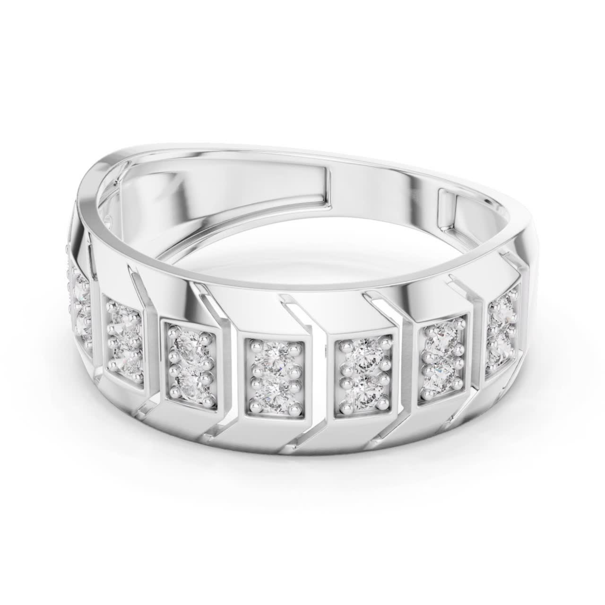 Angled view round diamond white gold band ring
Wide white gold ring with round diamond details
Geometric white gold band featuring round diamonds
Round diamond white gold wedding band design
Modern white gold ring with diamond accents
Textured white gold band with round diamond settings
Contemporary round diamond white gold statement ring
Polished white gold band with diamond rows
Round diamond inset white gold wide band ring
White gold geometric ring with round diamond pairs