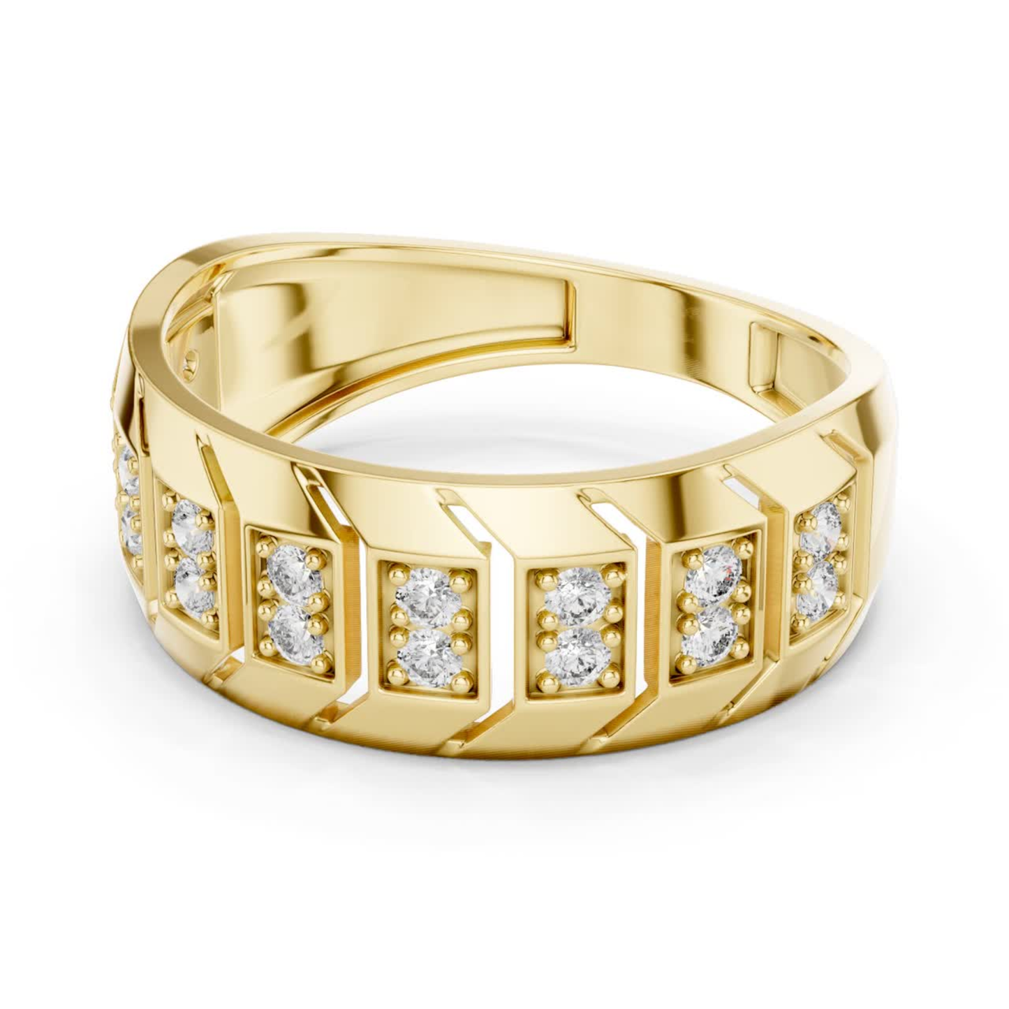 Angled view round diamond yellow gold band ring
Wide yellow gold ring with round diamond details
Geometric yellow gold band featuring round diamonds
Round diamond yellow gold wedding band design
Modern yellow gold ring with diamond accents
Textured yellow gold band with round diamond settings
Contemporary round diamond yellow gold statement ring
Polished yellow gold band with diamond rows
Round diamond inset yellow gold wide band ring
Yellow gold geometric ring with round diamond pairs