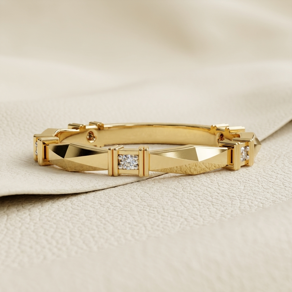Bold yellow gold bracelet with angular geometric design
Luxury bracelet featuring sharp structured styling
Premium gold bracelet with subtle diamond centerpiece
Contemporary bracelet with modern angular detailing
Designer piece showcasing clean and polished finish
Sophisticated bracelet crafted for a refined look
High-end gold bracelet with minimal diamond accents
Stylish accessory with strong and bold design lines
Elegant bracelet combining modern form and luxury
Statement bracelet perfect for everyday pre