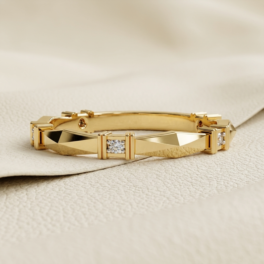 Bold yellow gold bracelet with angular geometric design
Luxury bracelet featuring sharp structured styling
Premium gold bracelet with subtle diamond centerpiece
Contemporary bracelet with modern angular detailing
Designer piece showcasing clean and polished finish
Sophisticated bracelet crafted for a refined look
High-end gold bracelet with minimal diamond accents
Stylish accessory with strong and bold design lines
Elegant bracelet combining modern form and luxury
Statement bracelet perfect for everyday pre