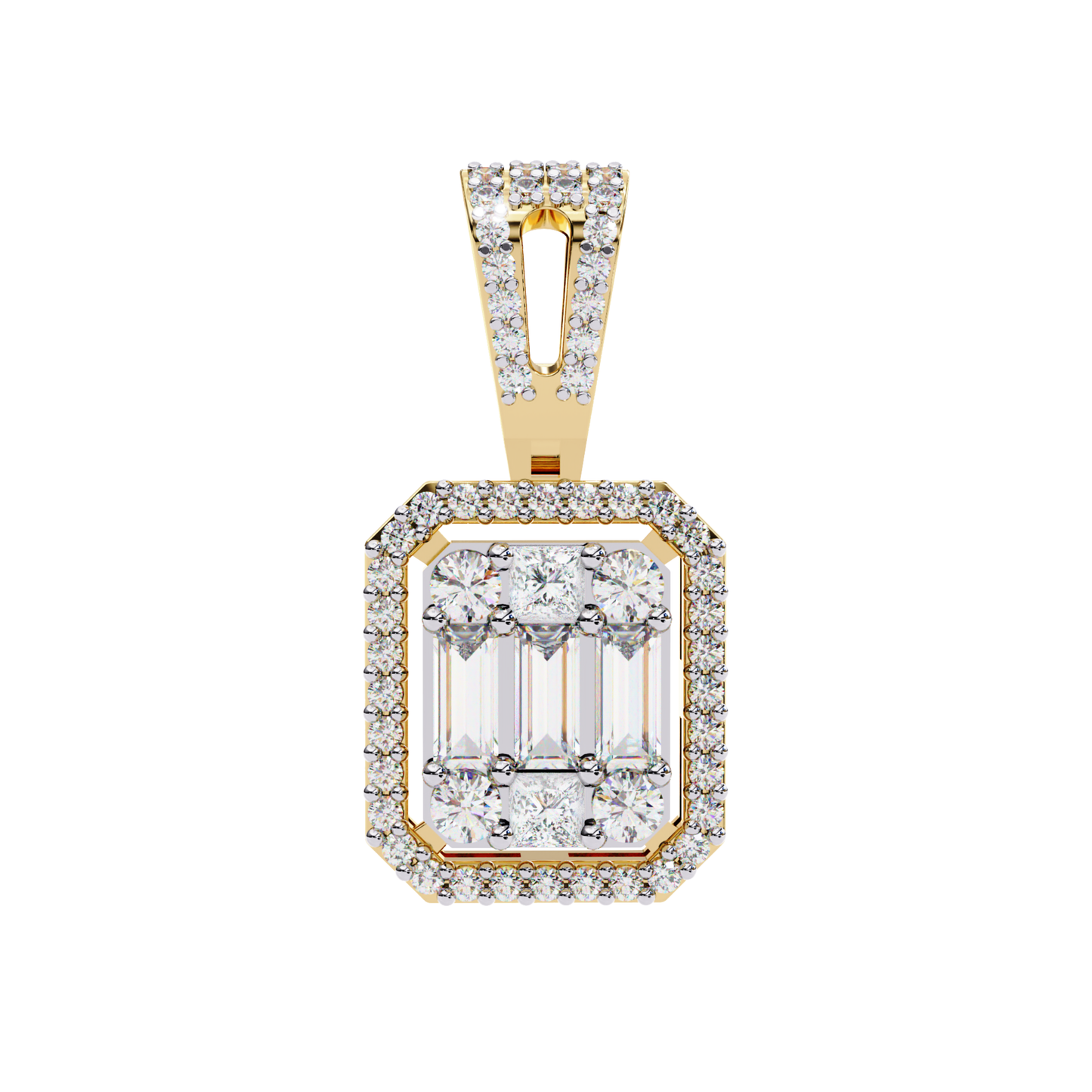 Rectangular halo pendant with baguette diamonds
