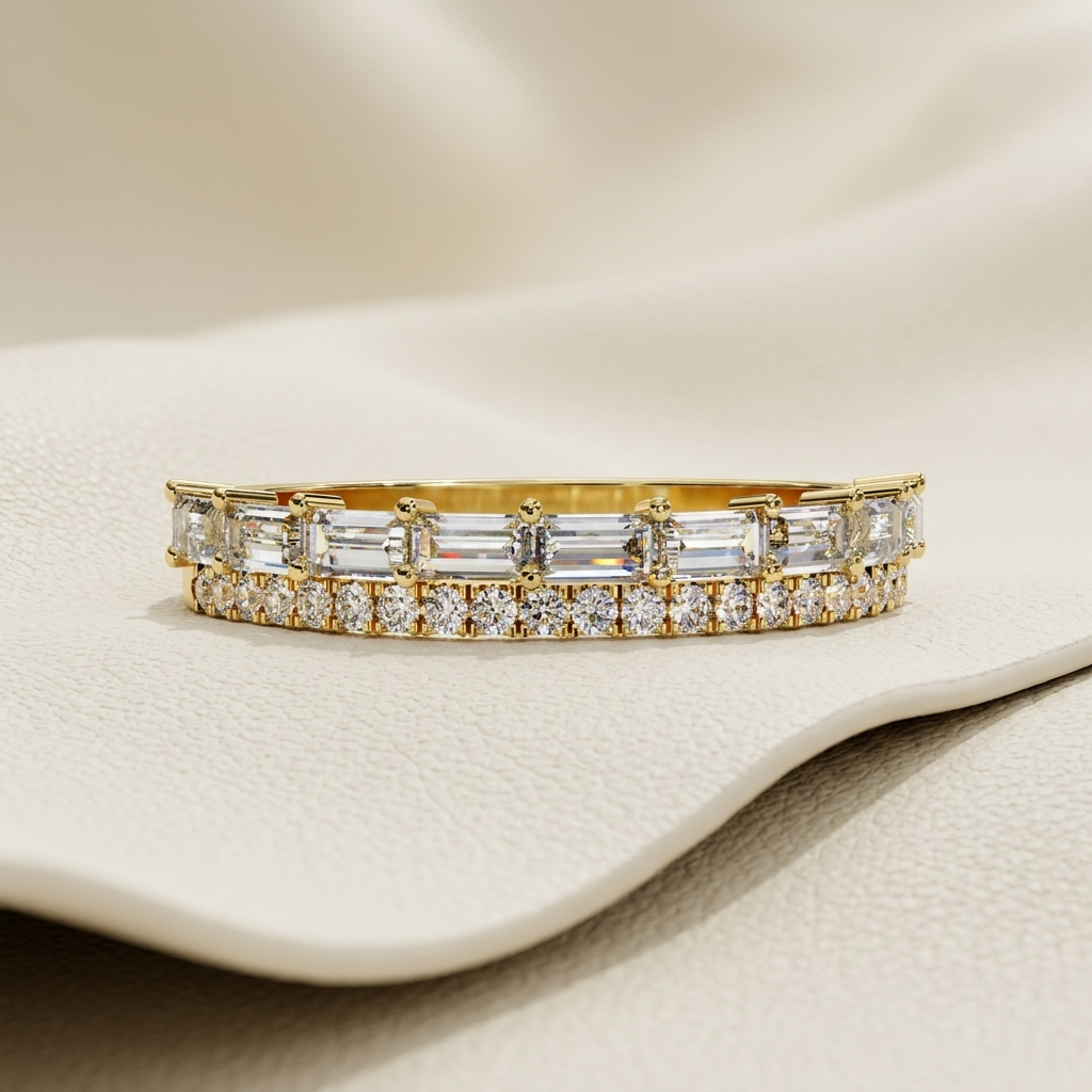Yellow gold band with baguette and round diamond rows
Elongated baguette diamonds aligned above brilliant round stones
Elegant double row band featuring mixed diamond cuts
Geometric diamond band with horizontal baguette stone settings
Sparkling round diamond line beneath rectangular diamond accents
Fine jewelry band showcasing layered mixed cut diamond details
Structured yellow gold band with brilliant two tier stone arrangement
Radiant diamond band combining elongated and circular stone shapes
Contemporary