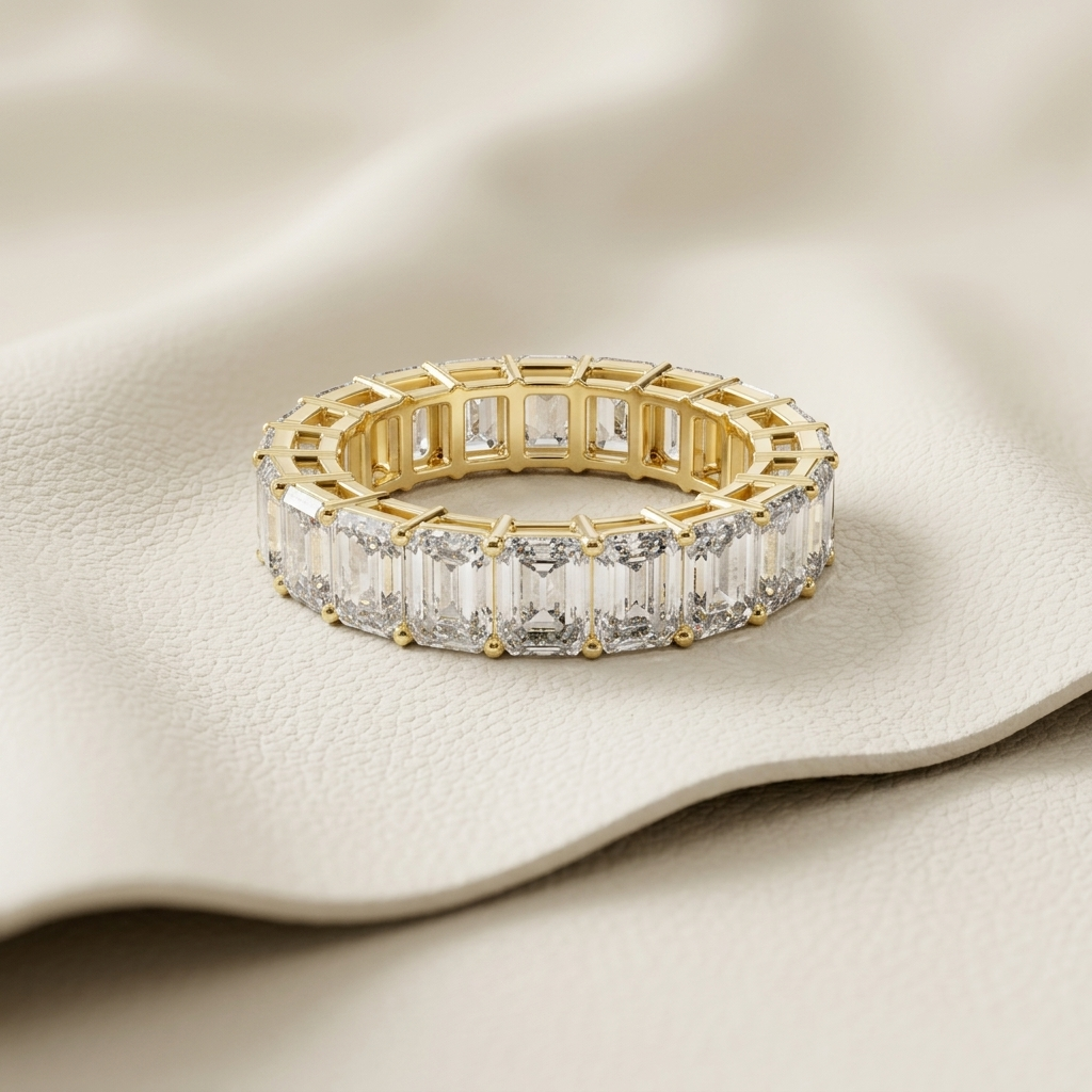 Emerald cut diamond eternity ring close up
Gold eternity ring with baguette diamonds
Luxury emerald cut diamond band ring
Elegant full diamond eternity ring
Premium gold diamond eternity band
Sparkling emerald cut diamond ring
Fine jewelry eternity band design
Stylish baguette diamond ring
Beautiful eternity ring with diamonds
High end diamond eternity band