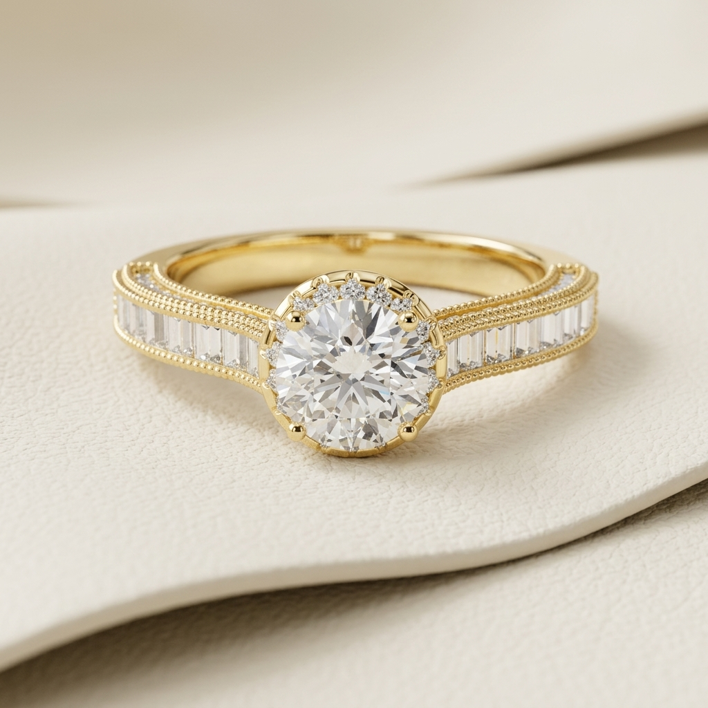 Yellow gold baguette diamond solitaire ring featuring a brilliant round center diamond.
Elegant yellow gold solitaire ring with tapered baguette diamond accents.
Luxury baguette diamond engagement ring crafted in polished yellow gold.
Fine jewelry round solitaire ring with channel-set baguette diamonds on the band.
Contemporary yellow gold diamond ring with a brilliant round center stone and baguette side accents.
Premium yellow gold solitaire diamond ring with sparkling baguette diamond shoulders.
Designer