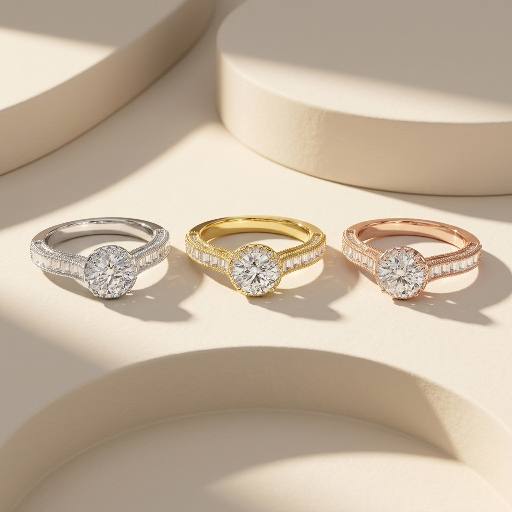 Baguette diamond solitaire rings available in white, yellow, and rose gold finishes.
Luxury baguette diamond solitaire rings crafted in white, yellow, and rose gold.
Elegant round solitaire diamond rings with baguette side stones in three premium gold tones.
Fine jewelry baguette diamond rings featuring brilliant round center diamonds in three gold finishes.
Contemporary baguette accent diamond rings displayed in white, yellow, and rose gold.
Premium round solitaire rings with channel-set baguette diamonds 