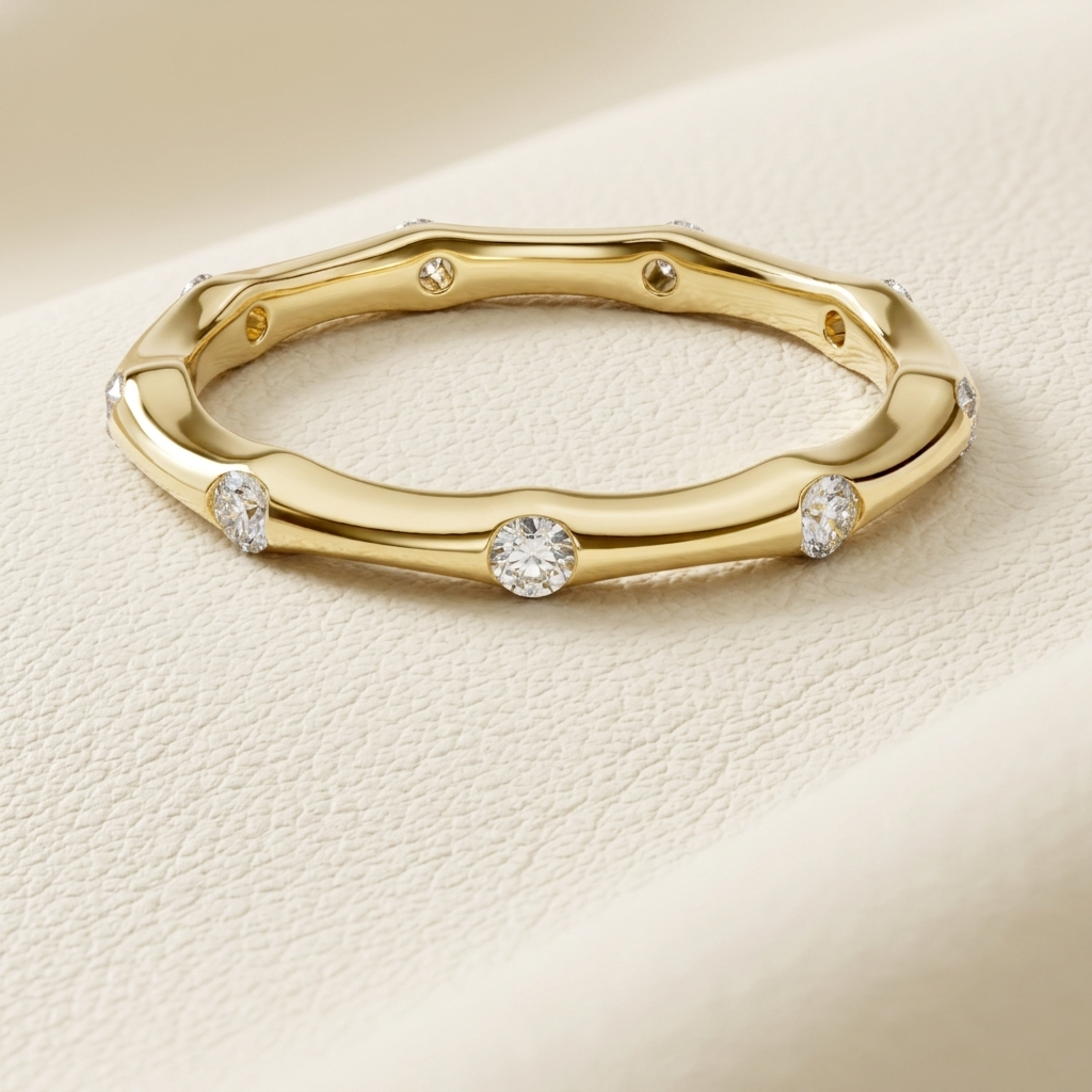 Gold eternity band with bezel set round diamonds
Elegant gold ring with spaced diamond settings close up
Minimalist eternity ring with bezel set diamonds design
Fine jewelry gold band with evenly placed diamonds
Modern gold ring with floating diamond setting style
Premium eternity band with round diamonds in bezel setting
Stylish gold ring with subtle diamond accents all around
Contemporary eternity ring with clean polished finish
Sophisticated gold band with scattered diamond design
Delicate gold ring with