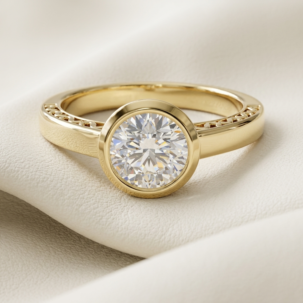Bezel solitaire diamond ring in yellow gold.
Yellow gold bezel diamond ring.
Round bezel engagement ring.
Round bezel solitaire ring.
Classic bezel diamond ring.
Elegant bezel solitaire ring.
Gold round bezel ring.
Modern bezel diamond ring.
Luxury bezel engagement ring.
Round diamond bezel ring.