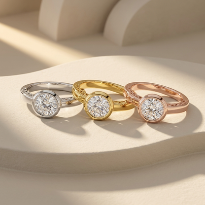 Bezel solitaire rings in three gold tones.
Bezel diamond rings in white, yellow, and rose gold.
Bezel solitaire ring collection.
Triple gold bezel diamond rings.
Bezel engagement rings in three finishes.
Luxury bezel solitaire rings.
Elegant bezel diamond rings.
Round bezel ring collection.
Classic bezel diamond rings.
Bezel rings in three gold colors.