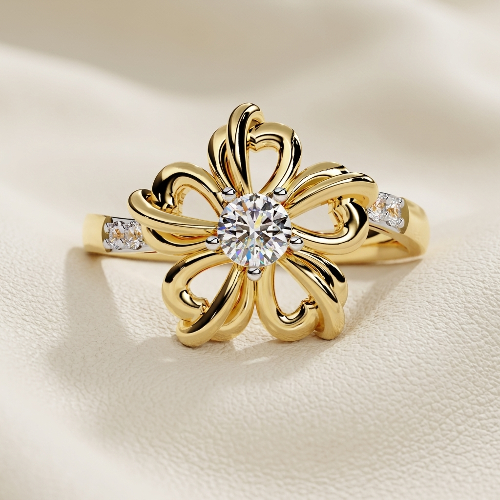 Yellow gold floral ring with brilliant round center diamond
Sculpted flower ring featuring curved open petal details
Elegant diamond ring with artistic blooming gold design
Round solitaire diamond centered in a polished floral setting
Ornate yellow gold flower ring with sparkling side diamonds
Graceful petal inspired ring showcasing a radiant center stone
Statement floral diamond ring with layered sweeping gold curves
Fine jewelry blossom ring featuring a prong set round diamond
Intricate openwork flower ri