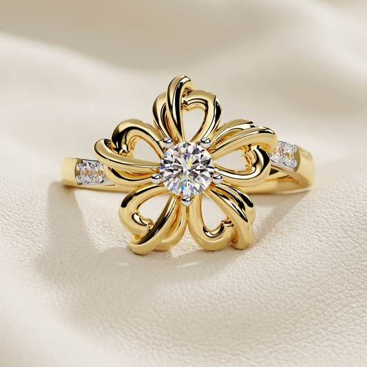 Yellow gold floral ring with brilliant round center diamond
Sculpted flower ring featuring curved open petal details
Elegant diamond ring with artistic blooming gold design
Round solitaire diamond centered in a polished floral setting
Ornate yellow gold flower ring with sparkling side diamonds
Graceful petal inspired ring showcasing a radiant center stone
Statement floral diamond ring with layered sweeping gold curves
Fine jewelry blossom ring featuring a prong set round diamond
Intricate openwork flower ri