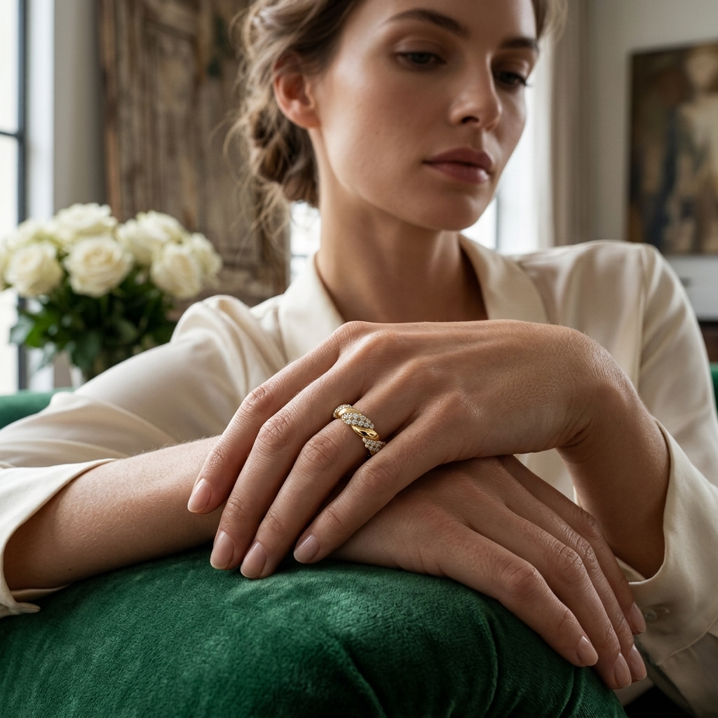 Woman wearing braided gold ring with diamond accents
Elegant twisted gold band with sparkling diamonds on hand
Luxury braided ring design with fine diamond detailing
Stylish gold ring with interwoven pattern and diamonds
Fine jewelry twisted band ring lifestyle close up
Premium gold ring with braided design and diamond shine
Sophisticated hand pose with diamond braided ring
Modern twisted gold ring with subtle diamond accents
Delicate braided band ring with elegant diamond touch
Contemporary gold ring with 