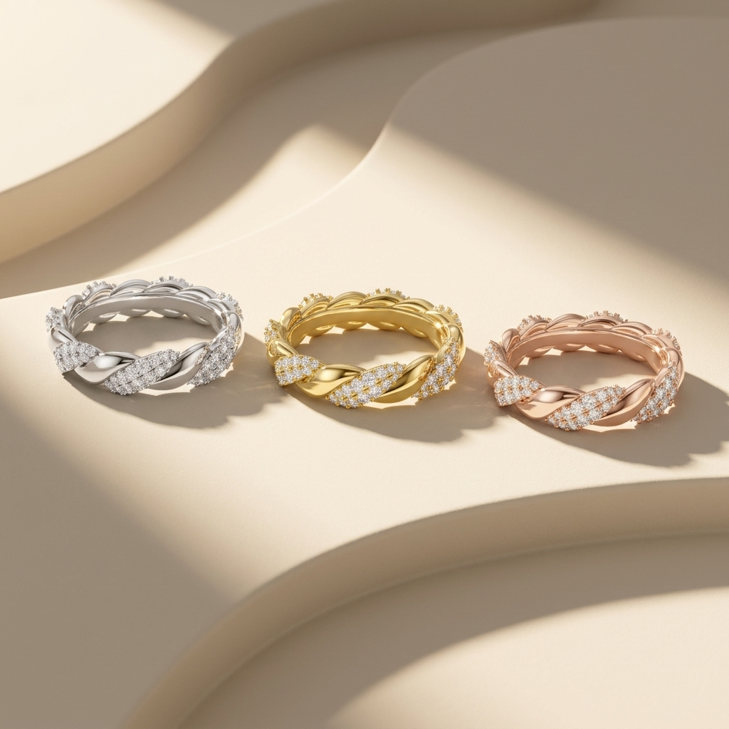 Braided diamond rings in white yellow and rose gold
Elegant trio of twisted rings with pavé diamond detailing
Luxury braided band rings in three gold color variations
Fine jewelry twisted rings with shimmering diamond accents
Modern interwoven rings with pavé diamonds display
Premium trio rings with braided gold and diamond design
Stylish twisted band rings with sparkling diamond sections
Contemporary rings collection with woven diamond patterns
High end braided rings with intricate diamond craftsmanship
St
