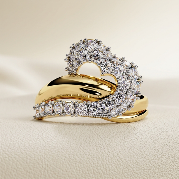 0.67 Carat Round Cut Lab Grown Diamond Heart Cluster Swirl Ring in yellow gold