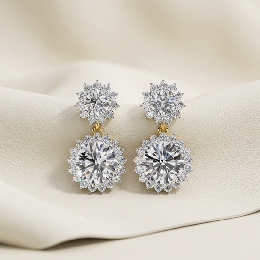 Yellow Gold Drop Diamond Earrings With Round Brilliant Centers And Floral Halo Design
Elegant Diamond Drop Earrings Featuring Round Brilliant Stones And Sparkling Halo
Luxury Yellow Gold Dangle Earrings With Double Round Diamonds And Pavé Halo
Fine Diamond Drop Earrings Showcasing Floral Halo Design And Brilliant Center Stones
Premium Yellow Gold Earrings With Round Brilliant Diamonds And Radiant Halo Details
Designer Drop Diamond Earrings Featuring Two Round Brilliant Diamonds In Floral Settings
Classic Ye