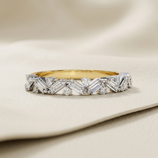 Yellow gold band with chevron arranged baguette and pear diamonds
Geometric diamond band featuring angled baguette stone formations
Brilliant mixed cut band with alternating V shaped diamond clusters
Sculptural gold band showcasing sharp zigzag diamond arrangements
Radiant baguette diamonds paired with delicate pear shaped accents
Fine jewelry band featuring mirrored angular diamond patterns
Contemporary diamond band with dynamic chevron mosaic detailing
Bold yellow gold band adorned with multidirectional g
