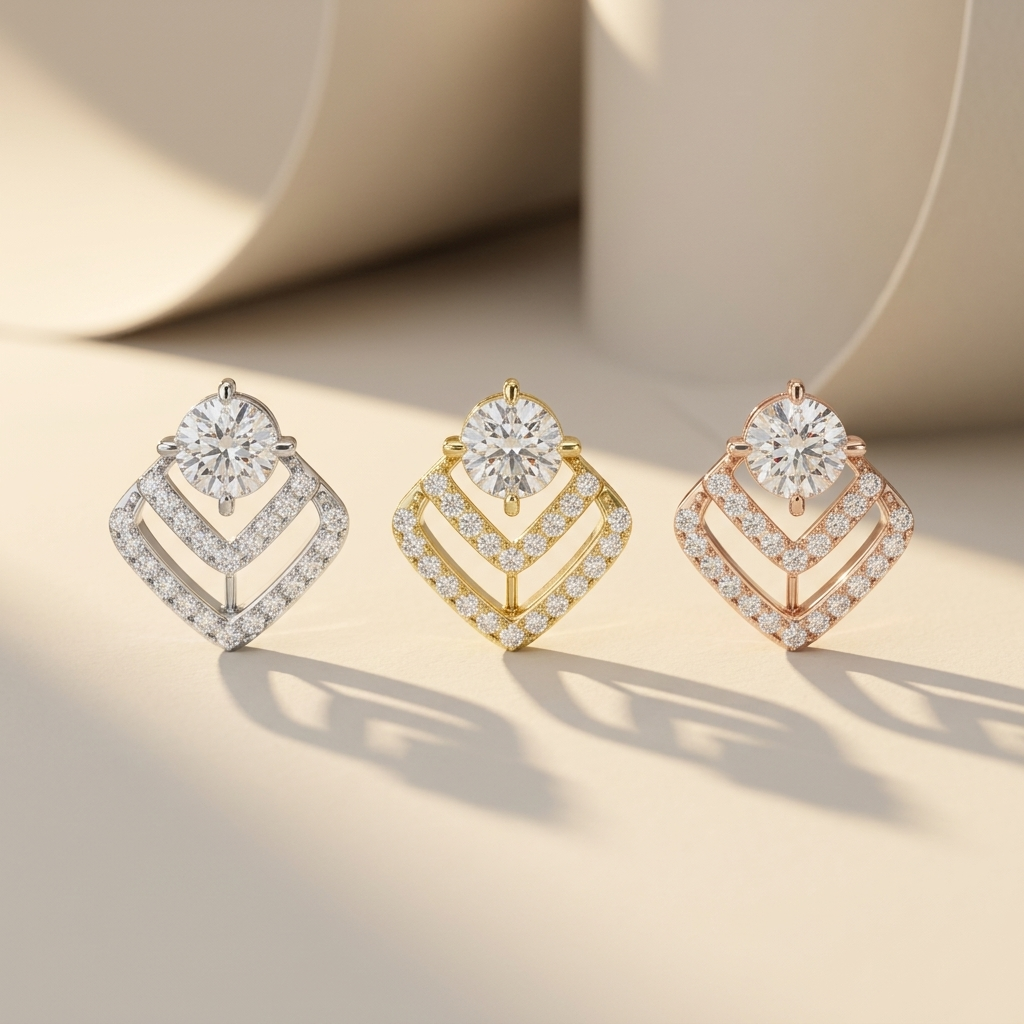 Chevron diamond stud earrings available in white, yellow, and rose gold finishes.
Luxury chevron diamond stud earrings crafted in white, yellow, and rose gold.
Elegant chevron diamond earrings featuring brilliant round solitaire diamonds in three gold tones.
Fine jewelry chevron diamond studs showcased in white, yellow, and rose gold.
Contemporary chevron diamond earrings with sparkling pavé accents in three premium finishes.
Premium geometric chevron diamond stud earrings designed in white, yellow, and ros