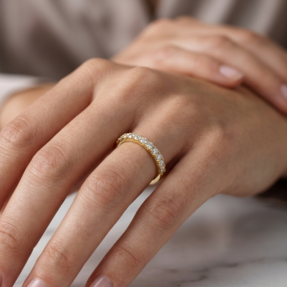 Classic gold band ring with half eternity diamond setting
Elegant gold ring with round diamonds on upper half
Minimal gold band with sparkling diamond row on finger
Fine jewelry half eternity ring with brilliant diamonds
Premium gold ring with clean diamond line design
Stylish gold band with subtle diamond accents close up
Sophisticated ring with half circle diamond detailing
Modern gold band with evenly set round diamonds
Delicate half eternity ring with refined diamond sparkle
Contemporary gold ring with 