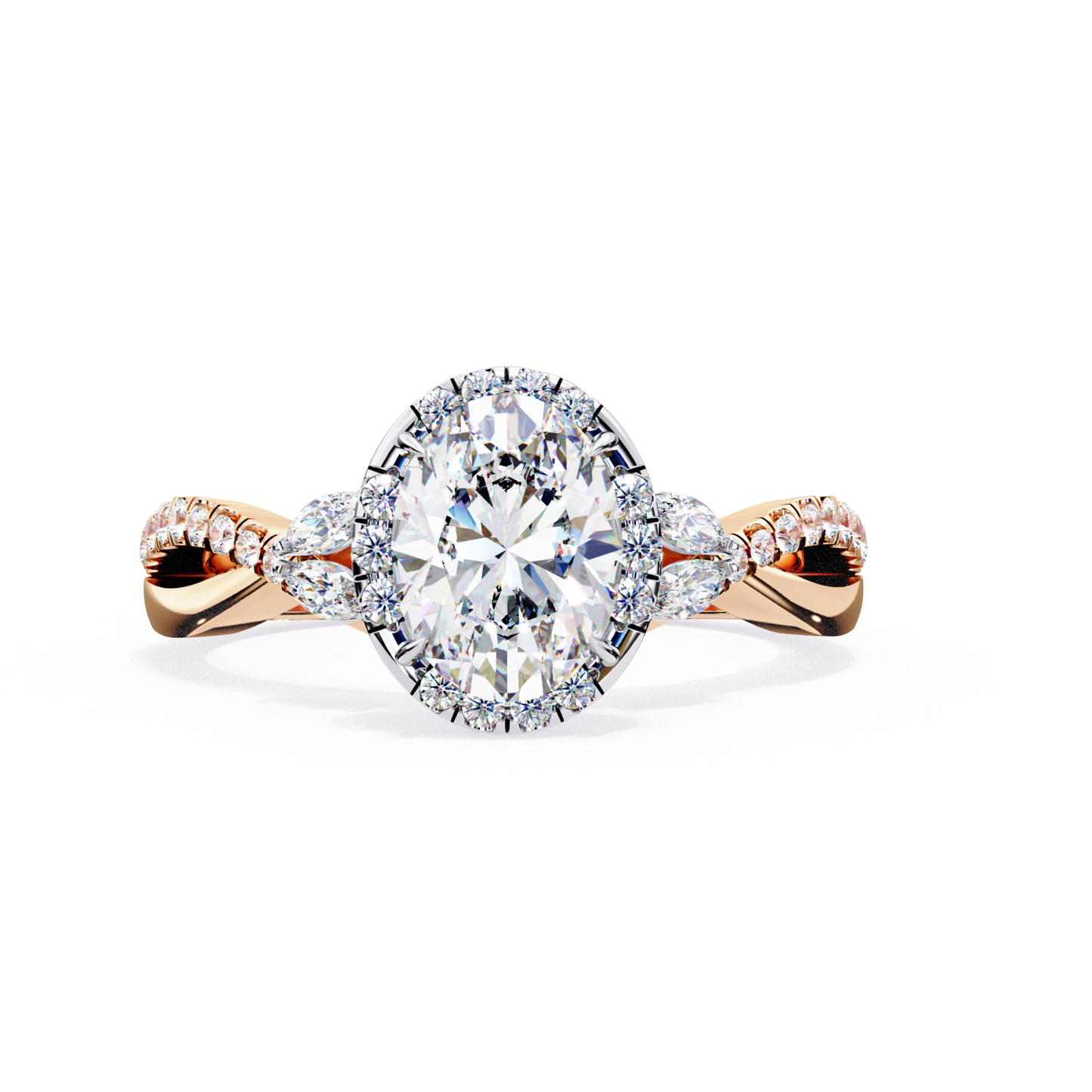 Oval Halo Diamond Ring Rose Gold Twist Band
Oval Diamond Halo Ring With Marquise Side Stones
Rose Gold Oval Diamond Engagement Ring Design
Oval Diamond Ring With Twisted Pave Shank
Halo Oval Diamond Ring With Leaf Side Accents
Oval Center Diamond Ring With Diamond Halo
Twisted Rose Gold Oval Diamond Ring Setting
Oval Diamond Engagement Ring Front View Rose Gold
Oval Halo Ring With Marquise Diamond Side Stones
Rose Gold Oval Diamond Halo Engagement Ring